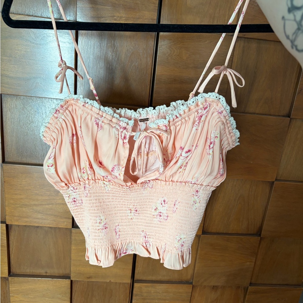 Free People Peach Floral Smocked Tank with Lace Trim